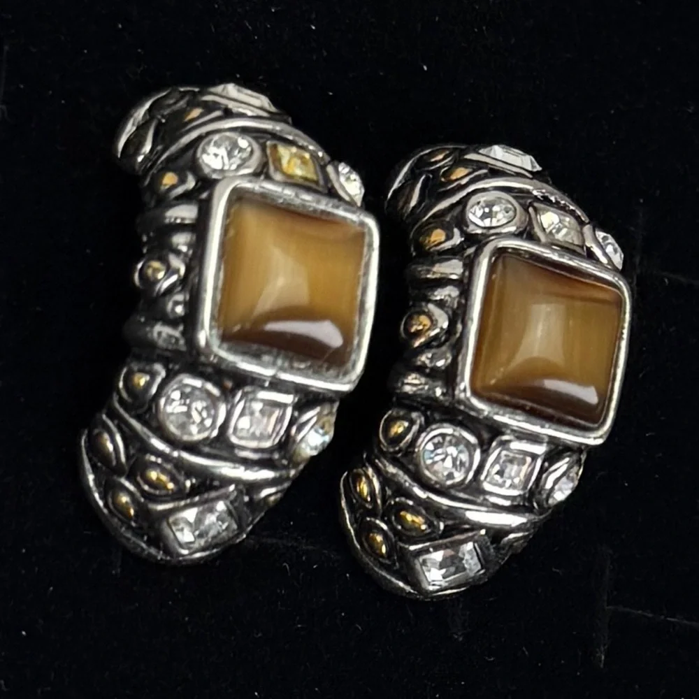 Vintage weighted, Silvertone, goldtone, bling half hoop pierced earrings